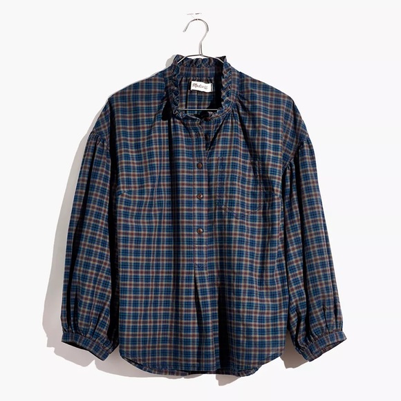 Madewell Plaid Ruffle Neck Popover Top - Picture 2 of 5